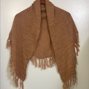 Cozy Tan Knit Shawl with Fringe